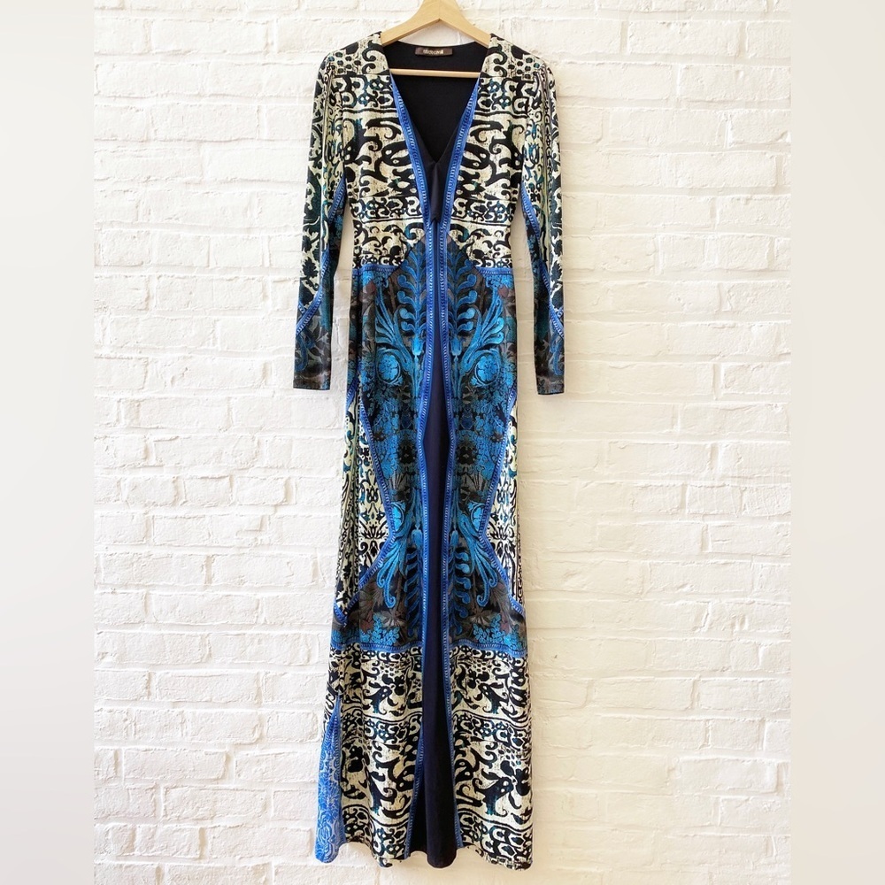 Roberto Cavalli || Long-Sleeve Mixed-Print Gown Blue Blackâ IT 40 US 4